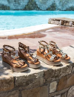 Sale Sandali zeppa tacco 8cm pelle Donna Sandali Zeppa