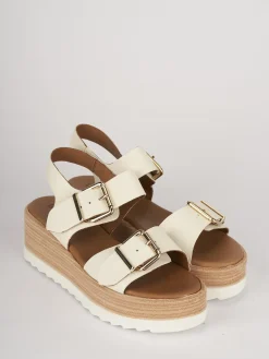 Sale Sandali zeppa tacco 4cm pelle Donna Sandali Zeppa