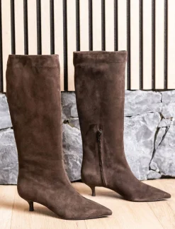 Sale Stivali tacco 4cm camoscio testa Donna Stivali Tacco Basso